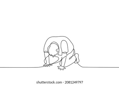 man with his head bowed lies on all fours on the floor - one line drawing vector. concept of suffering, devastation, crisis, despair, fatigue