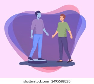 Man and his holographic projection flat vector illustration. Man standing in front of his VR silhouette. Modern technology, artificial intelligence, virtual reality concept