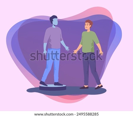 Man and his holographic projection flat vector illustration. Man standing in front of his VR silhouette. Modern technology, artificial intelligence, virtual reality concept