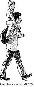 A man with his kid is strolling