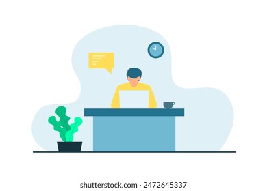 man and his laptop working in the office flat design