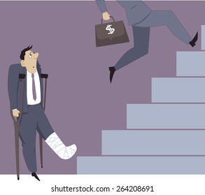 Man with his leg in a cast looking at his colleagues passing him on a career ladder, vector illustration, EPS 8  