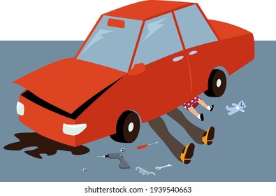 Man and his little daughter fixing a car together, EPS 8 vector illustration