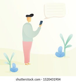 Man with his mobile phone. Chatting. Add text to flat graphic illustration. Social media post. Talk to us. Play phone while walking trending. Look at gadget concept. With plant. Pastel color. - Vector