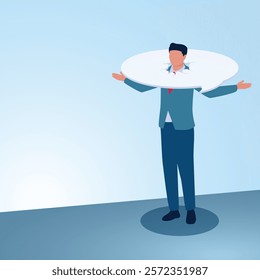 A man with his neck in a chat bubble. Illustration for misunderstanding, communication problems and differences in understanding.