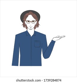 A man with his palm open to the left