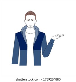 A man with his palm open to the left
