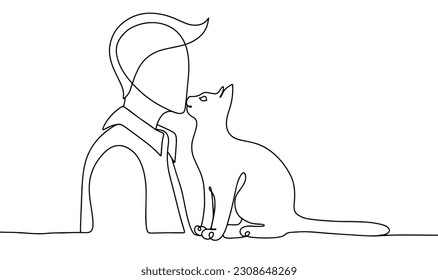 Man and his pet. The cat sniffs the owner. World Day Against Pet Abandonment. One line drawing for different uses. Vector illustration.