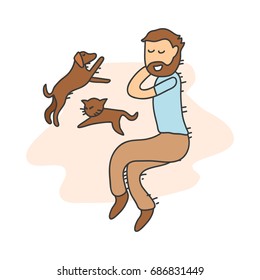 Man and his pet illustration.  Sleeping in the park with the cat and dog