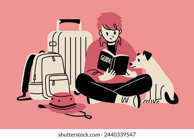 A man and his pet looking at a guidebook while traveling