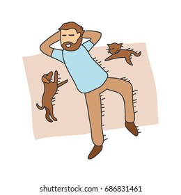 Man and his pets illustration.  Sleeping in the park with the cat and dog