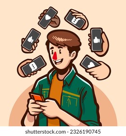 Man with his phone with many smartphones on his back with social media things illustration vector