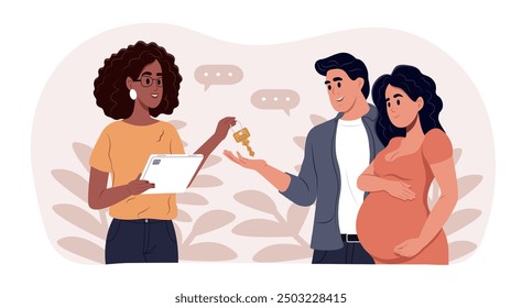 Man and his pregnant wife talking to a real estate agent while visiting an apartment for sale or rent. Bank mortgage, sale, rent concept. Flat vector illustration isolated on white background