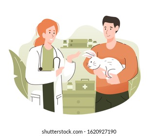 Man And His Rabbit Discussing With A Veterinarian At Veterinary Clinic. Pet Health Care And Medical Concept