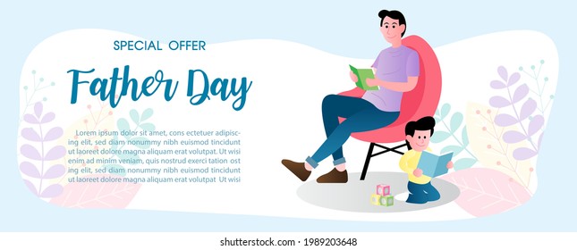 Man and his son in cartoon character reading a book with Father day's wording and example texts on decoration plants and white  background. Card and poster of Father's day in banner vector design.