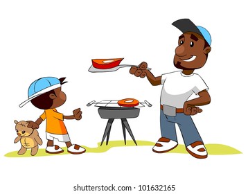man and his son cooking meat on barbecue grill