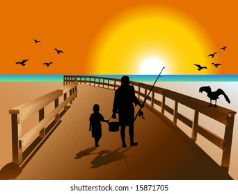 A man and his son walking along the boardwalk