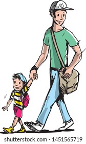 A man and his son walking down the street