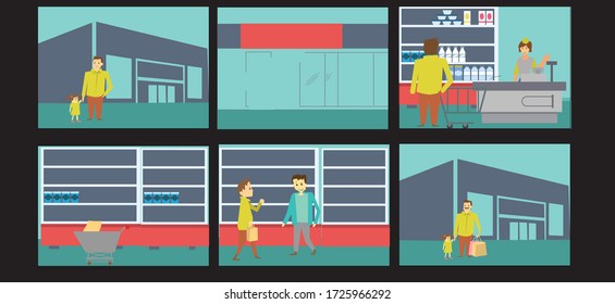 Hombre y su hijo caminan desde la tienda con un vector de carro de la compra ilustración plana, es una historia contando sobre compras 