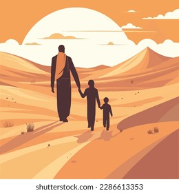 a man with his sons can be seen walking on the hot and barren desert sand. Their figures are small against the vast expanse of golden sand dunes that stretch out before them.