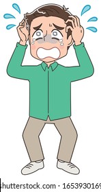 A man in his thirties in green clothes.He has negative emotions.