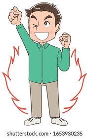 A man in his thirties in green clothes.He has positive emotions.