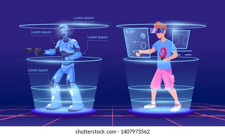 The Man And His Virtual Character In The Game In The Armor. Video Games Illustration. Virtual Reality Technology Smart Gaming. Conceptual Vr Games In Neon Style. Man Wearing Virtual Reality Headset.