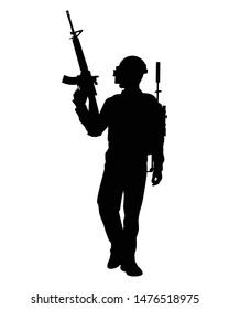 The Man With His Weapon Silhouette Vector, Sniper And Assault Rifle Gun,pan  And Bag.