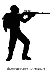 The man with his weapon silhouette vector, Sniper and assault rifle gun,pan  and bag.