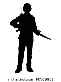 The man with his weapon silhouette vector, Sniper and assault rifle gun,pan  and bag.