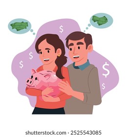 Man and his wife holding piggy bank. Couple thinking about money in a flat vector illustration. Home economics, family budget concept.