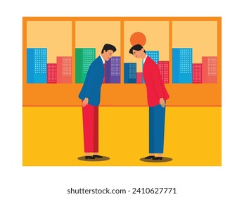 Un hombre y su compañero de trabajo saludando por negocios en una oficina corporativa. Diseño de caracteres. Ilustración plana del vector