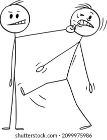 Man hit fist of another man by his face, vector cartoon stick figure or character illustration.