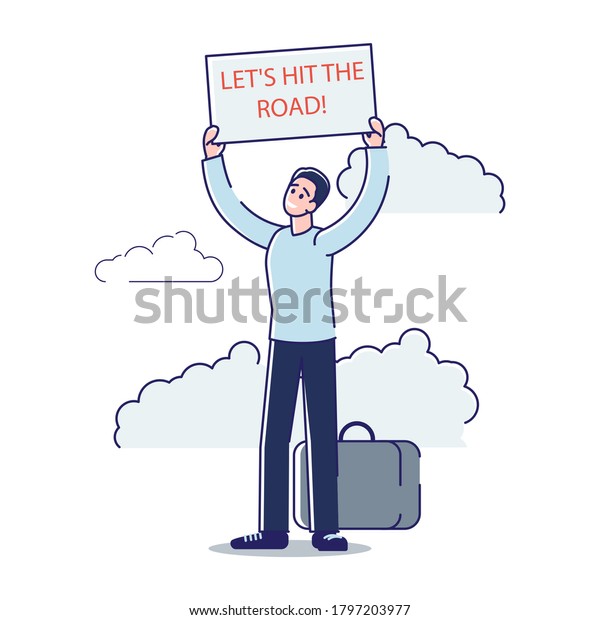 Man hitchhiking car standing on roadside\
with baggage and placard. Young male hiking taxi during hitch hike\
adventure trip. Tourism and transportation concept. Linear vector\
illustration