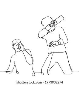 man hits another man with a bottle - one line drawing. the man swung bottle to hit the guy who is trying to protect his face by covering with his hand