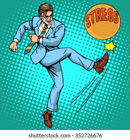 Man Hits Ball With Name Stress Pop Art Retro Style. Hard Work. Optimistic Worker