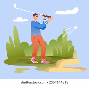 Hombre golpea a la pelota con palo, entrenando en el club de golf. Estilo de vida deportivo y activo. Concepto de jugar al golf. Ilustración vectorial plana en estilo de dibujos animados en colores azul y verde