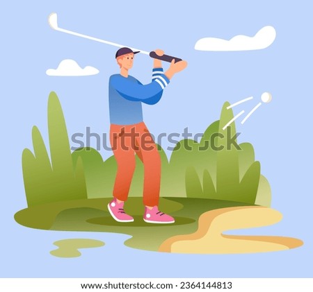Man hits ball with stick, training in golf club. Sporty and active lifestyle. Concept of playing golf. Flat vector illustration in cartoon style in blue and green colors