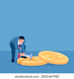 El hombre golpea una criptomoneda con un martillo hasta que se rompe y se rompe, ilustración de un colapso criptográfico.