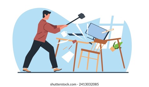 Man hits his workplace with hammer. Office stress. Employee breaking desk and computer. Furious businessman. Aggressive male. Table smash. Worker destroying PC monitor. Vector concept