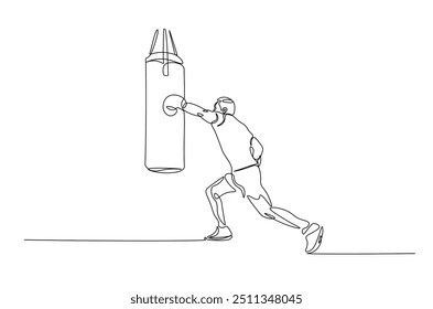 Man hitting the heavy bag continuous one line drawing. Boxer training with the punchbag single line art illustration. Editable vector.