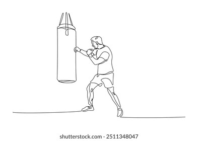 Man hitting the heavy bag continuous one line drawing. Boxer training with the punchbag single line art illustration. Editable vector.