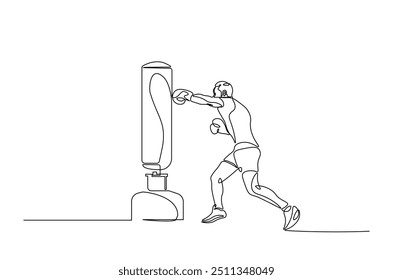 Man hitting the heavy bag continuous one line drawing. Boxer training with the punchbag single line art illustration. Editable vector.