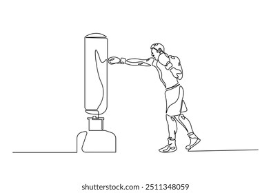 Man hitting the heavy bag continuous one line drawing. Boxer training with the punchbag single line art illustration. Editable vector.