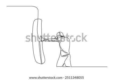 Man hitting the heavy bag continuous one line drawing. Boxer training with the punchbag single line art illustration. Editable vector.
