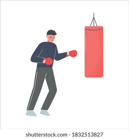 Man Hitting Punching Bag with Boxing Gloves to Calm Down Stressful Emotion, Person Relaxing, Reducing and Managing Stress Cartoon Style Vector Illustration