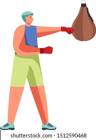 Man hitting punching heavy bag, vector flat illustration isolated on white background. Boxing workout, gym training, martial arts, sport activity.