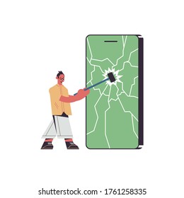 man hitting smartphone screen with hammer digital detox rest from devices concept guy abandoning internet and social networks full length vector illustration