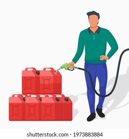 Man Hoarding Petrol Using Red Jerry Cans at Gas Station Flat Vector Illustration
