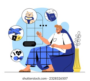 Man with hobby concept. Young guy thinks about cat, airplane, book and sports. Active lifestyle and fitness. Character with favorite activities and relaxation. Cartoon flat vector illustration